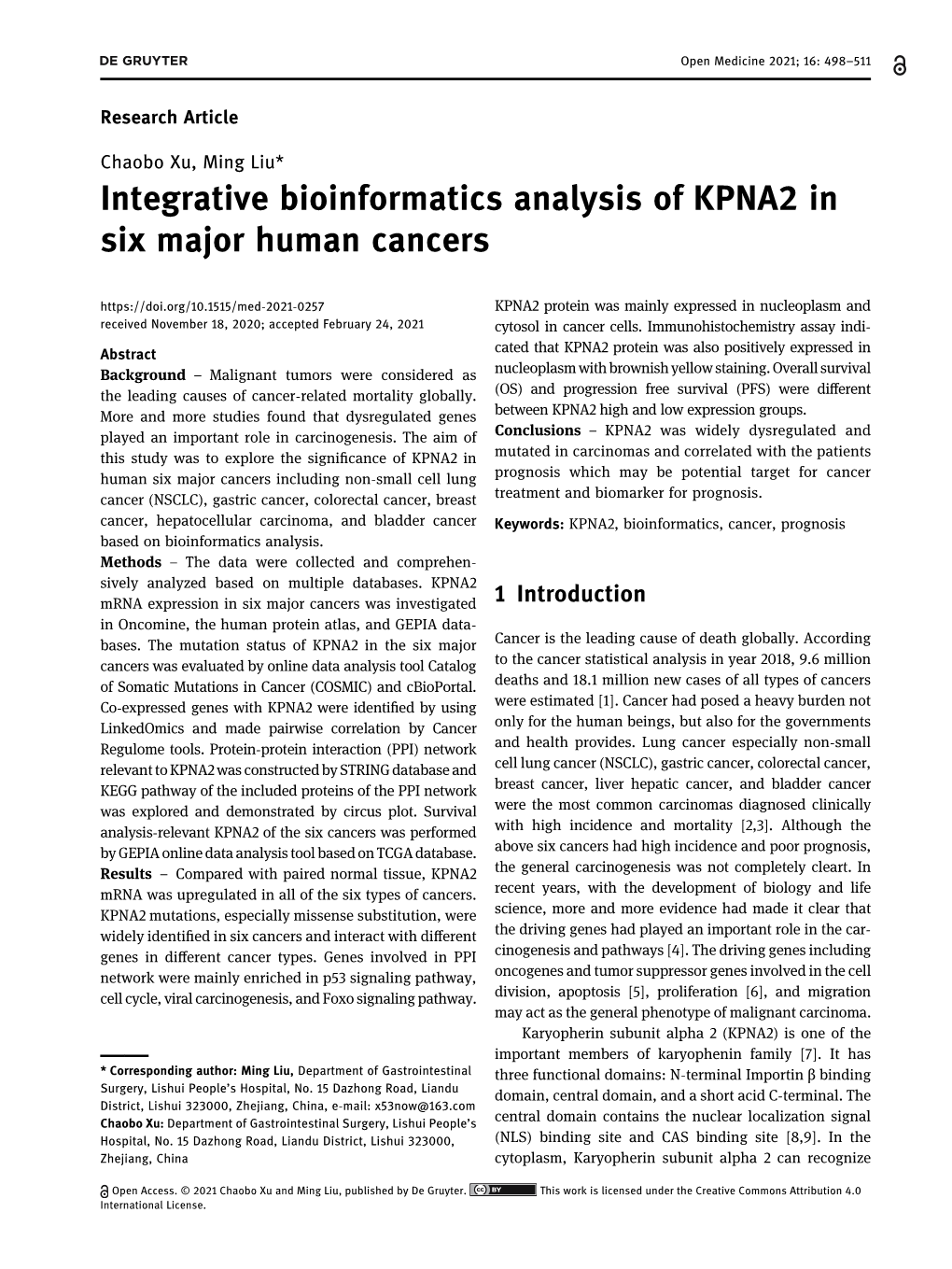 Integrative Bioinformatics Analysis of KPNA2 in Six Major Human Cancers