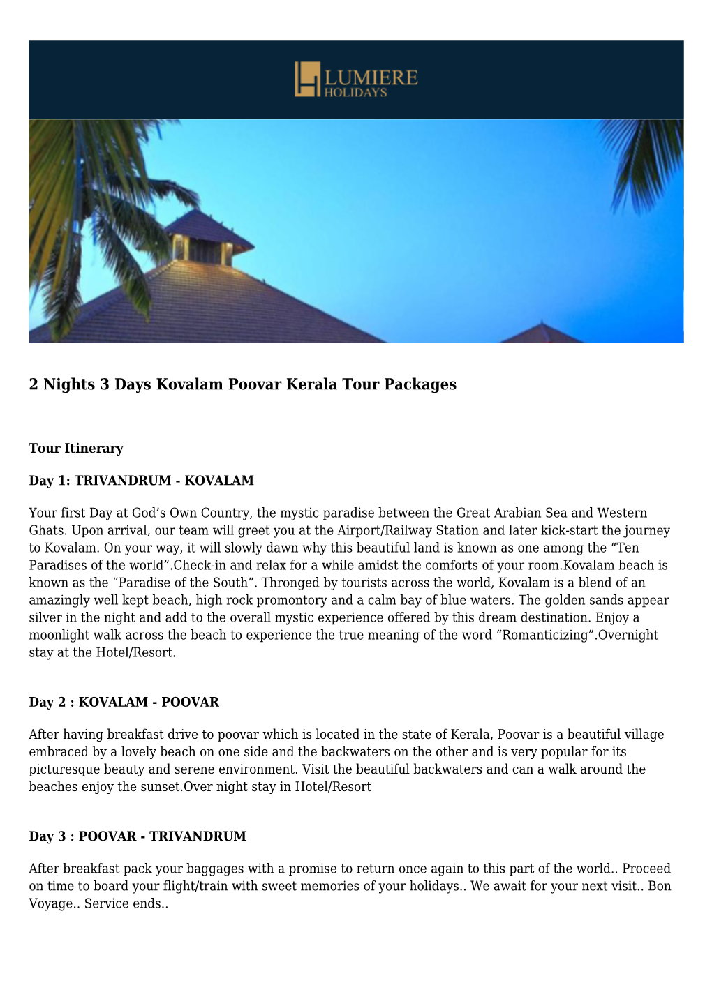 2 Nights 3 Days Kovalam Poovar Kerala Tour Packages