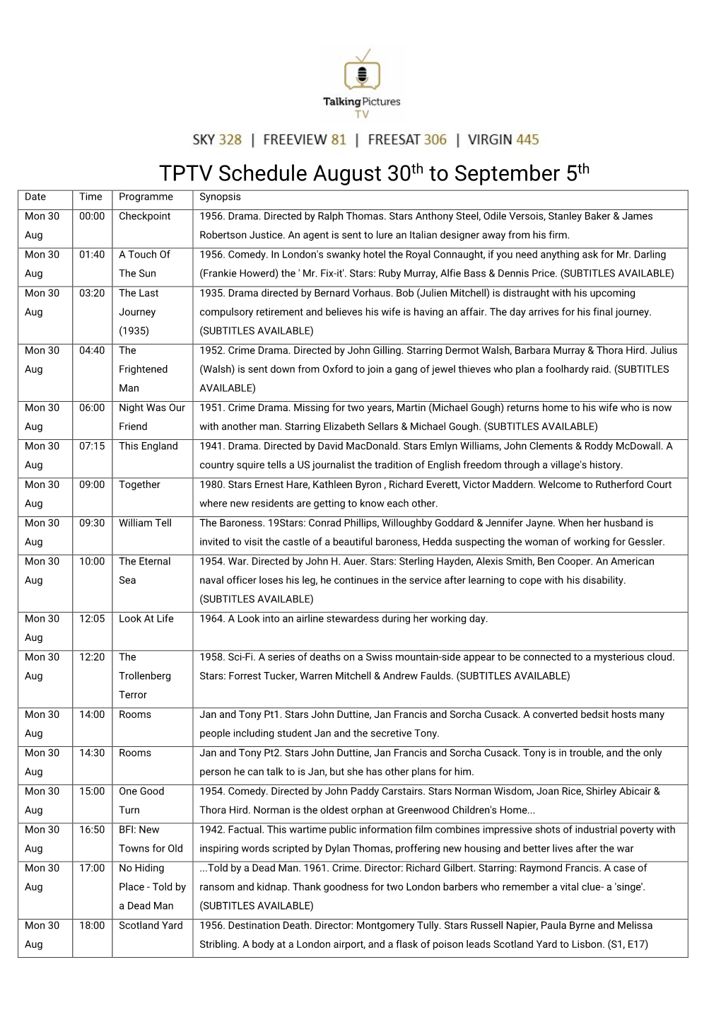 TPTV Schedule August 30Th to September 5Th Date Time Programme Synopsis Mon 30 00:00 Checkpoint 1956