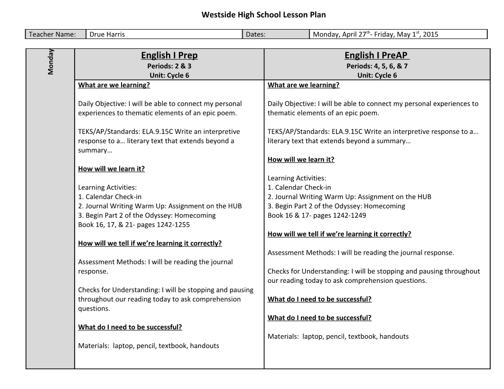 Westside High School Lesson Plan s7