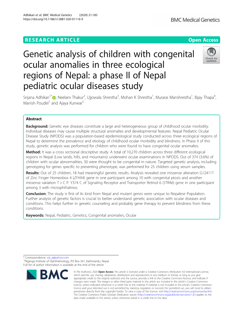 Genetic Analysis of Children with Congenital Ocular Anomalies in Three Ecological Regions of Nepal