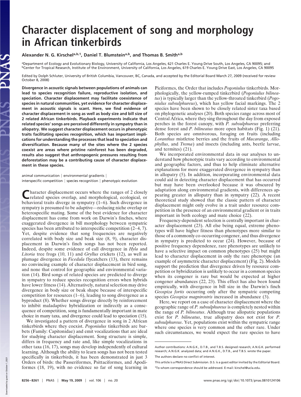 Character Displacement of Song and Morphology in African Tinkerbirds