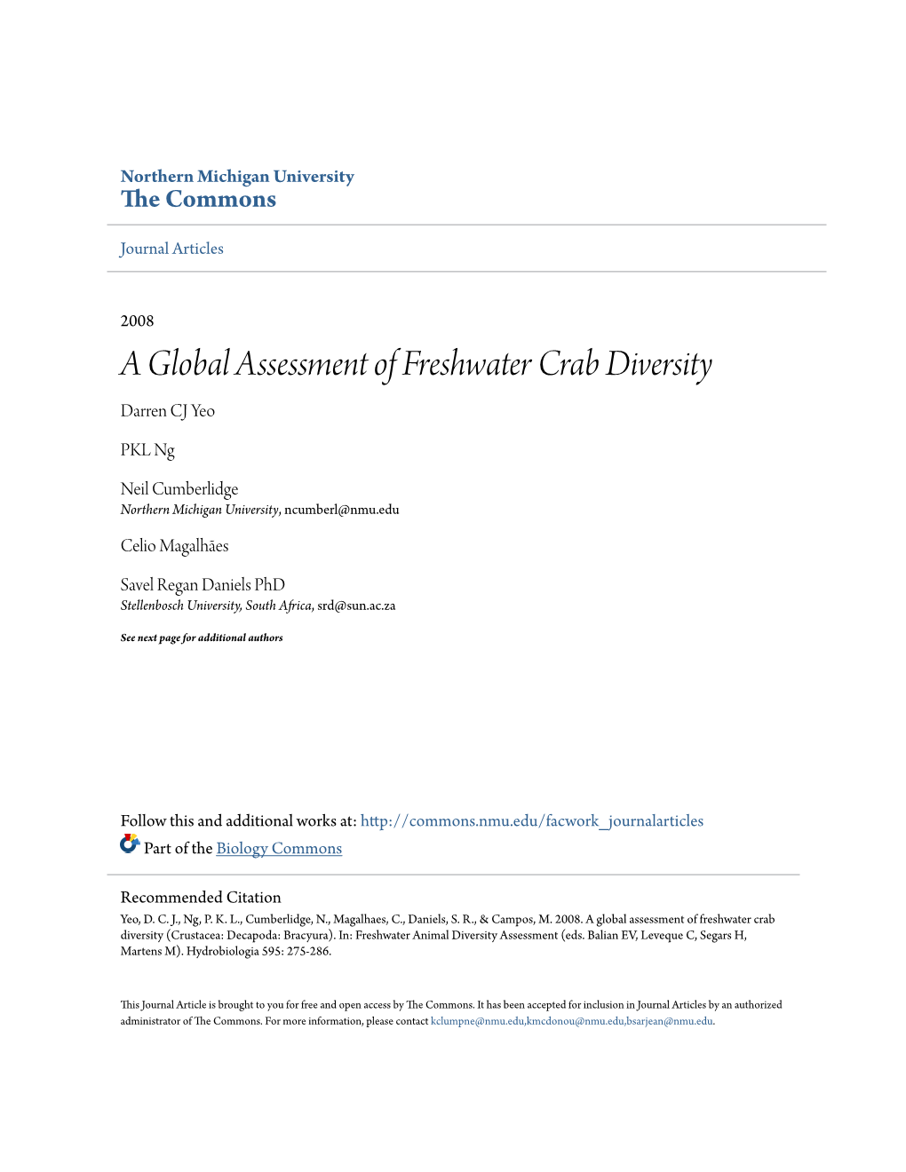 A Global Assessment of Freshwater Crab Diversity Darren CJ Yeo