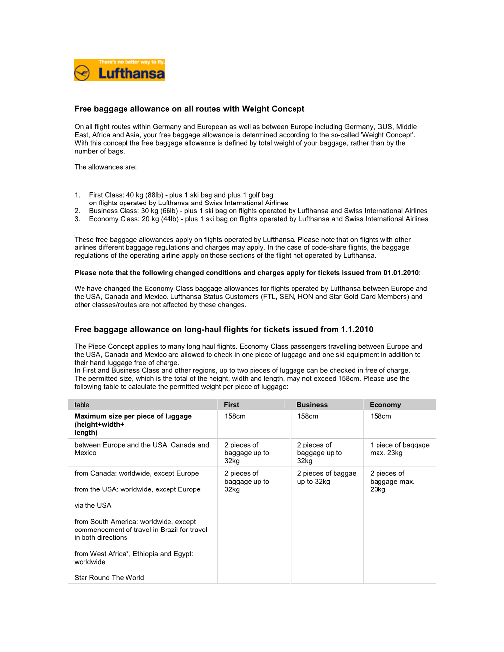 Free Baggage Allowance on All Routes with Weight Concept Free Baggage