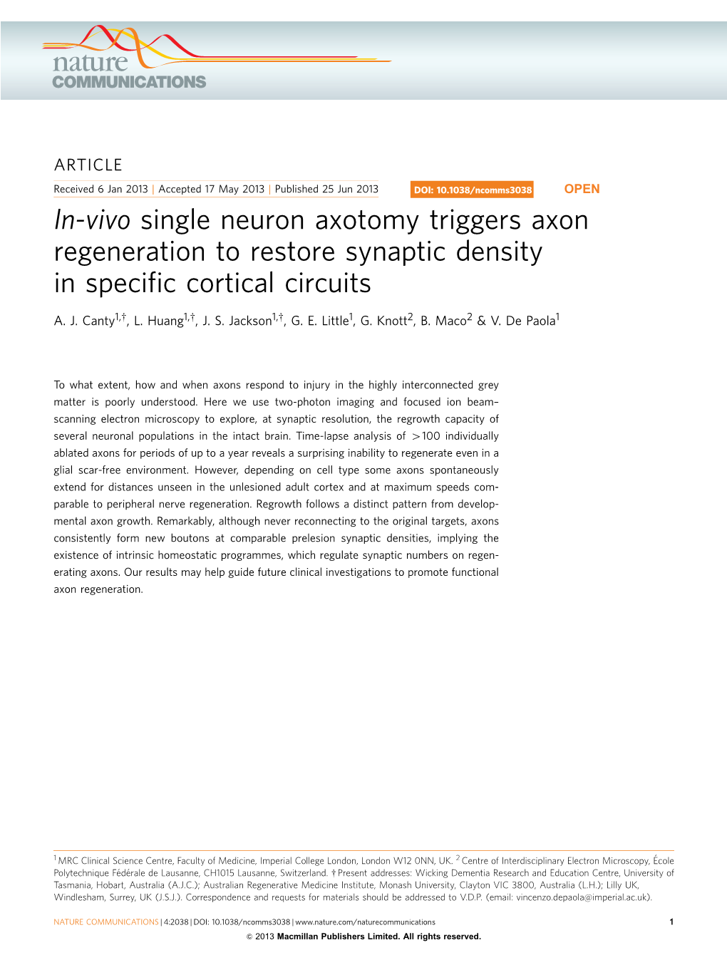 In-Vivo Single Neuron Axotomy Triggers Axon Regeneration to Restore Synaptic Density in Specific Cortical Circuits