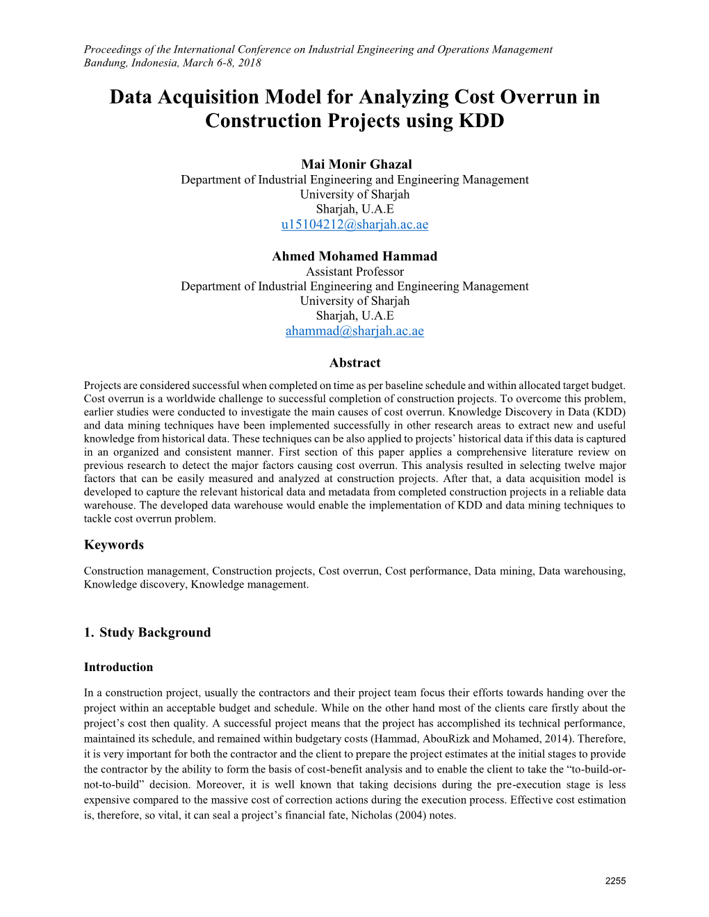 Data Acquisition Model for Analyzing Cost Overrun in Construction Projects Using KDD