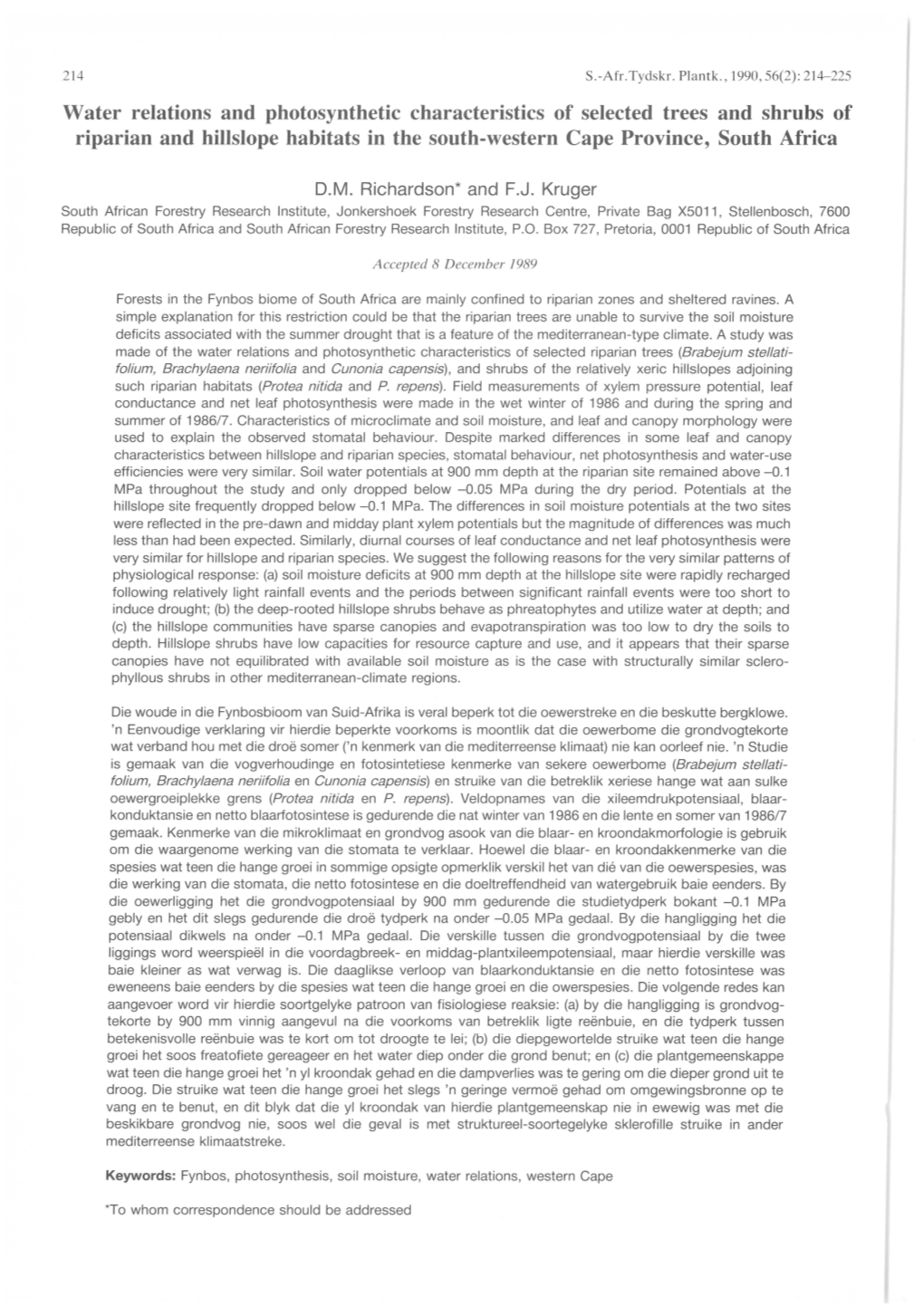 Water Relations and Photosynthetic Characteristics of Selected Trees and Shrubs of Riparian and Hillslope Habitats in the South-Western Cape Province, South Africa