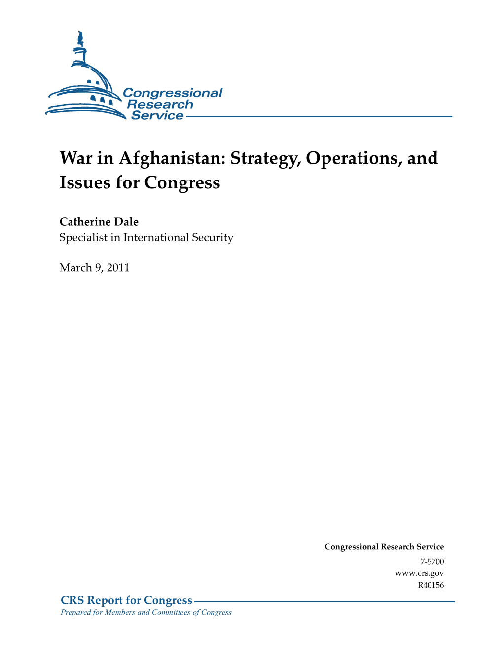 War in Afghanistan: Strategy, Operations, and Issues for Congress