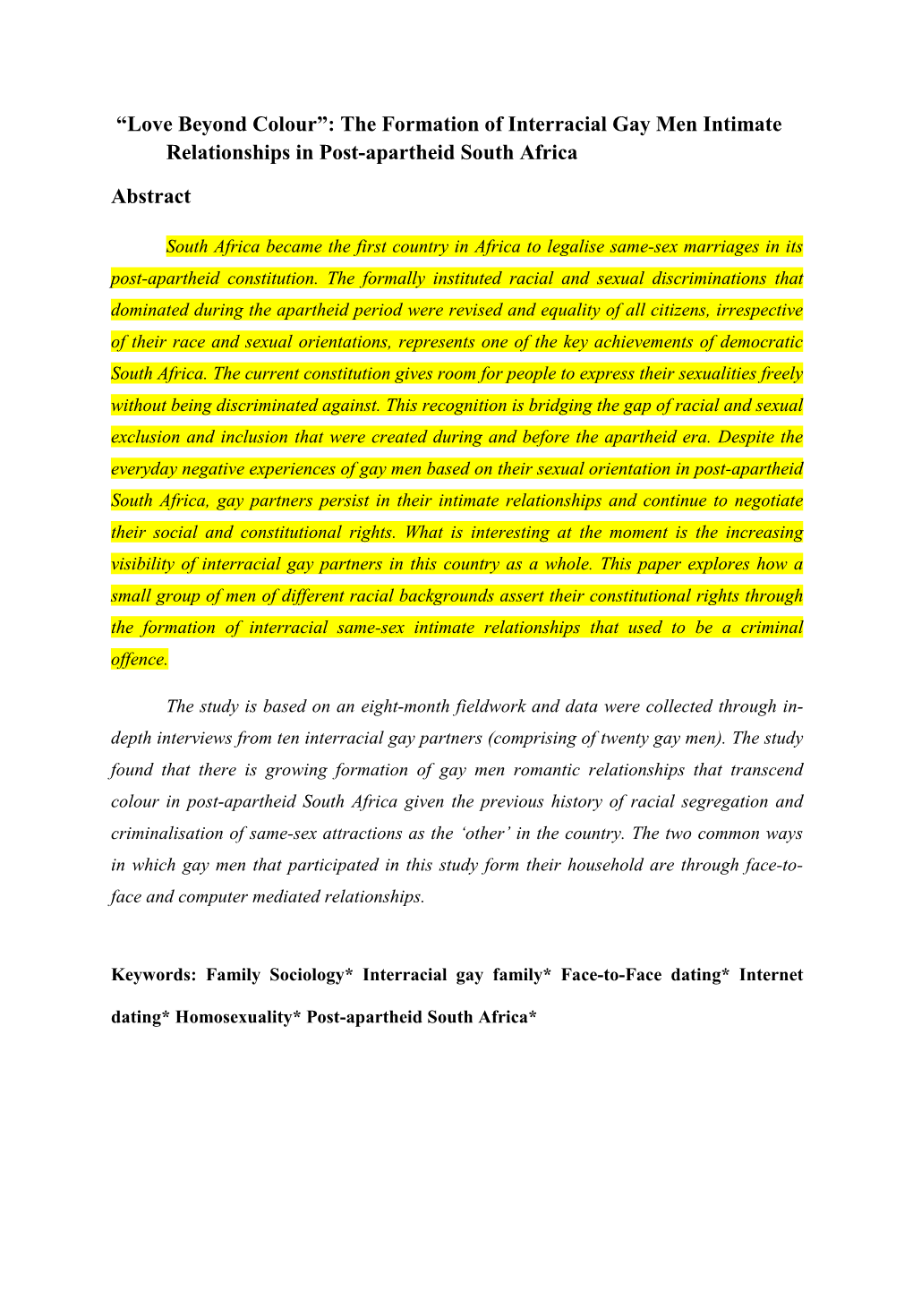 The Formation of Interracial Gay Men Intimate Relationships in Post-Apartheid South Africa