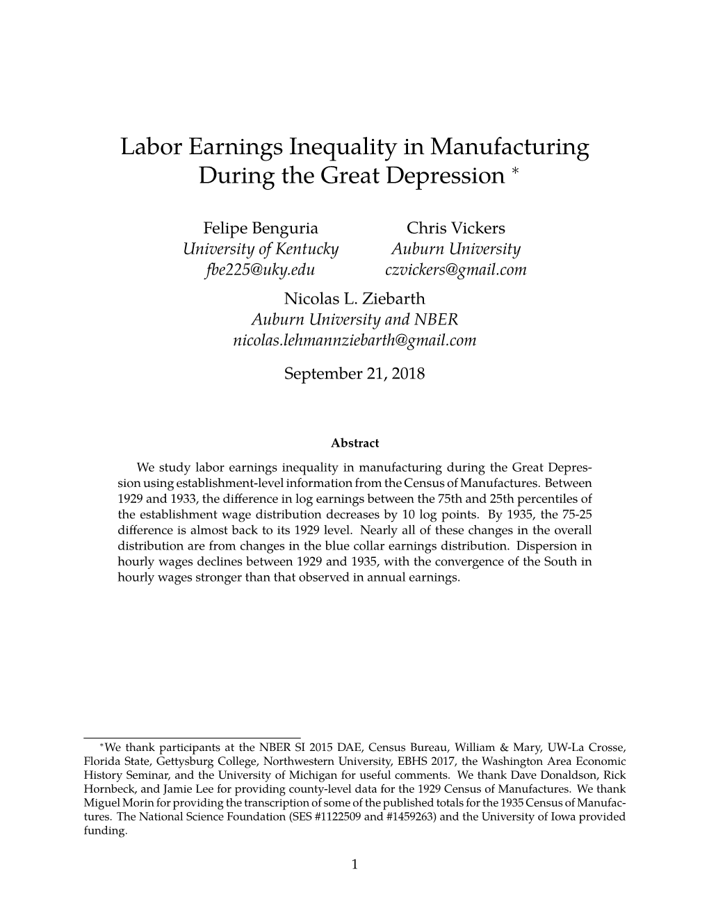 Labor Earnings Inequality in Manufacturing During the Great Depression ∗