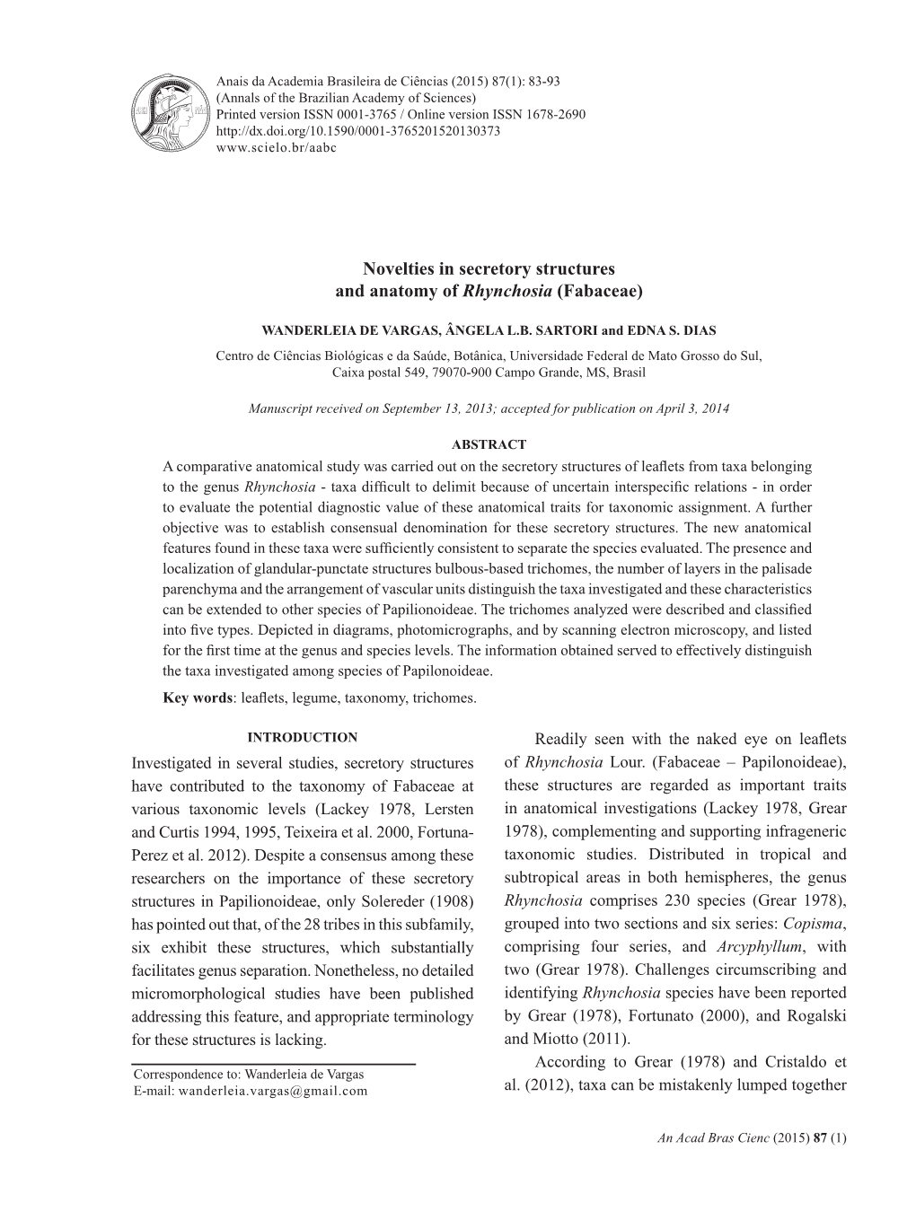 Novelties in Secretory Structures and Anatomy of Rhynchosia (Fabaceae)