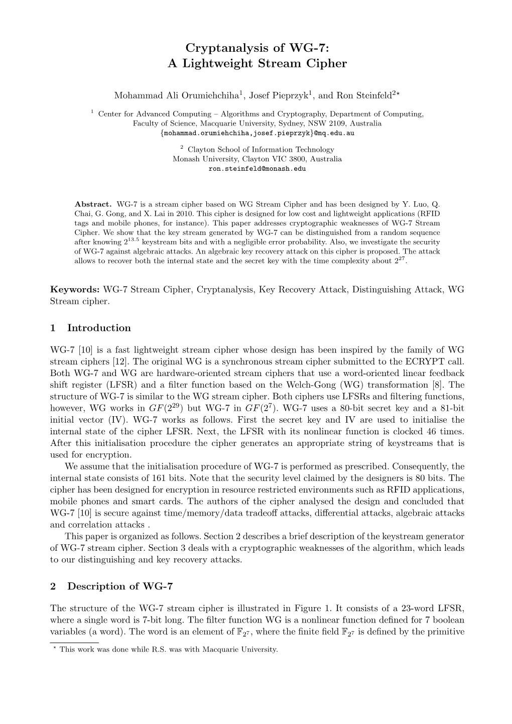 Cryptanalysis of WG-7: a Lightweight Stream Cipher