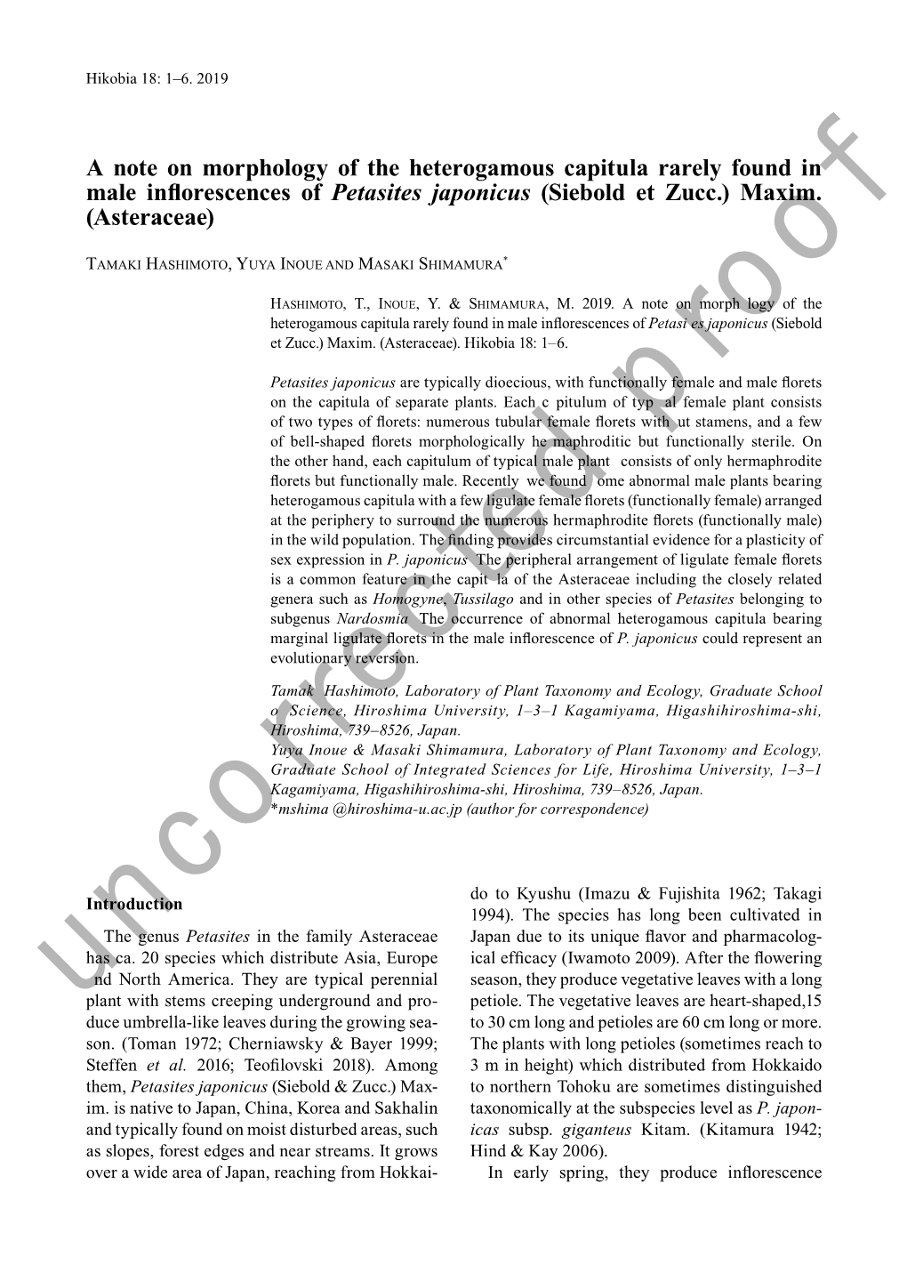 A Note on Morphology of the Heterogamous Capitula Rarely Found in Male Inflorescences of Petasites Japonicus (Siebold Et Zucc.) Maxim