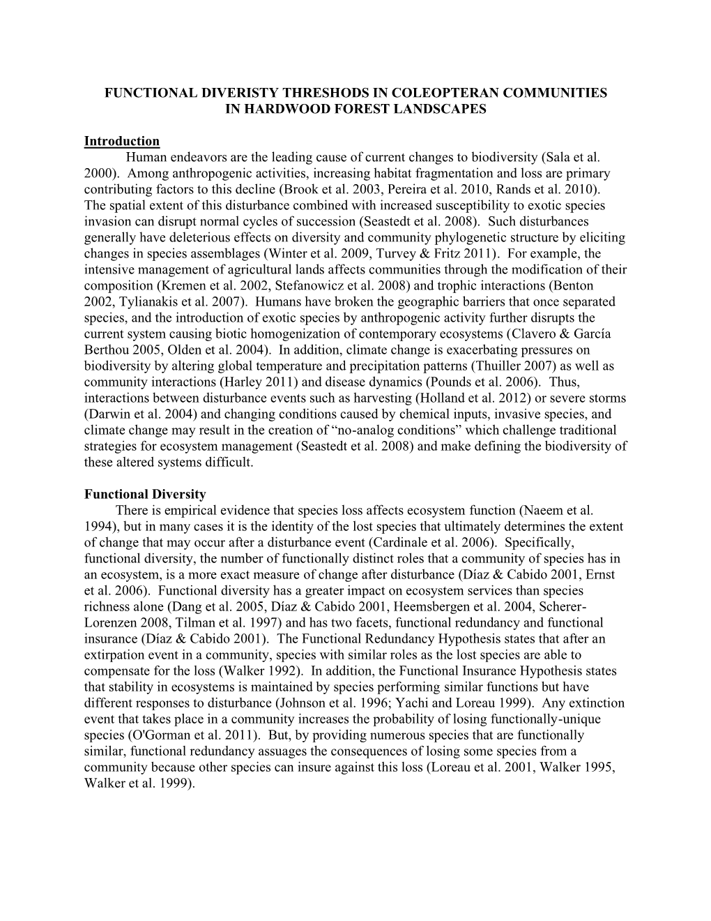 Functional Diveristy Threshods in Coleopteran Communities in Hardwood Forest Landscapes