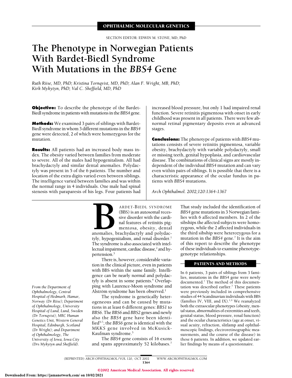 The Phenotype in Norwegian Patients with Bardet-Biedl Syndrome with Mutations in the BBS4 Gene