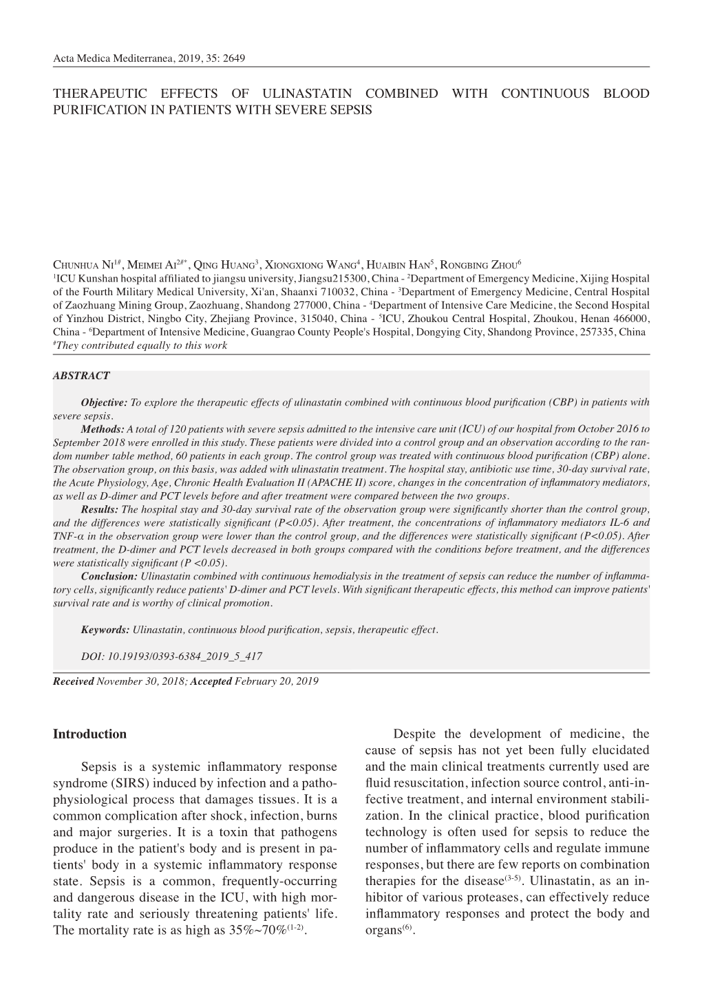 Therapeutic Effects of Ulinastatin Combined with Continuous Blood Purification in Patients with Severe Sepsis