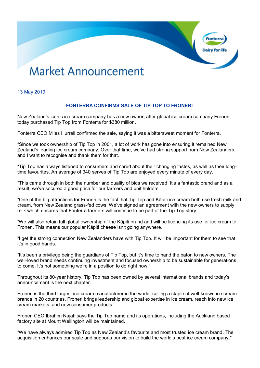 Fonterra Confirms Sale of Tip Top to Froneri