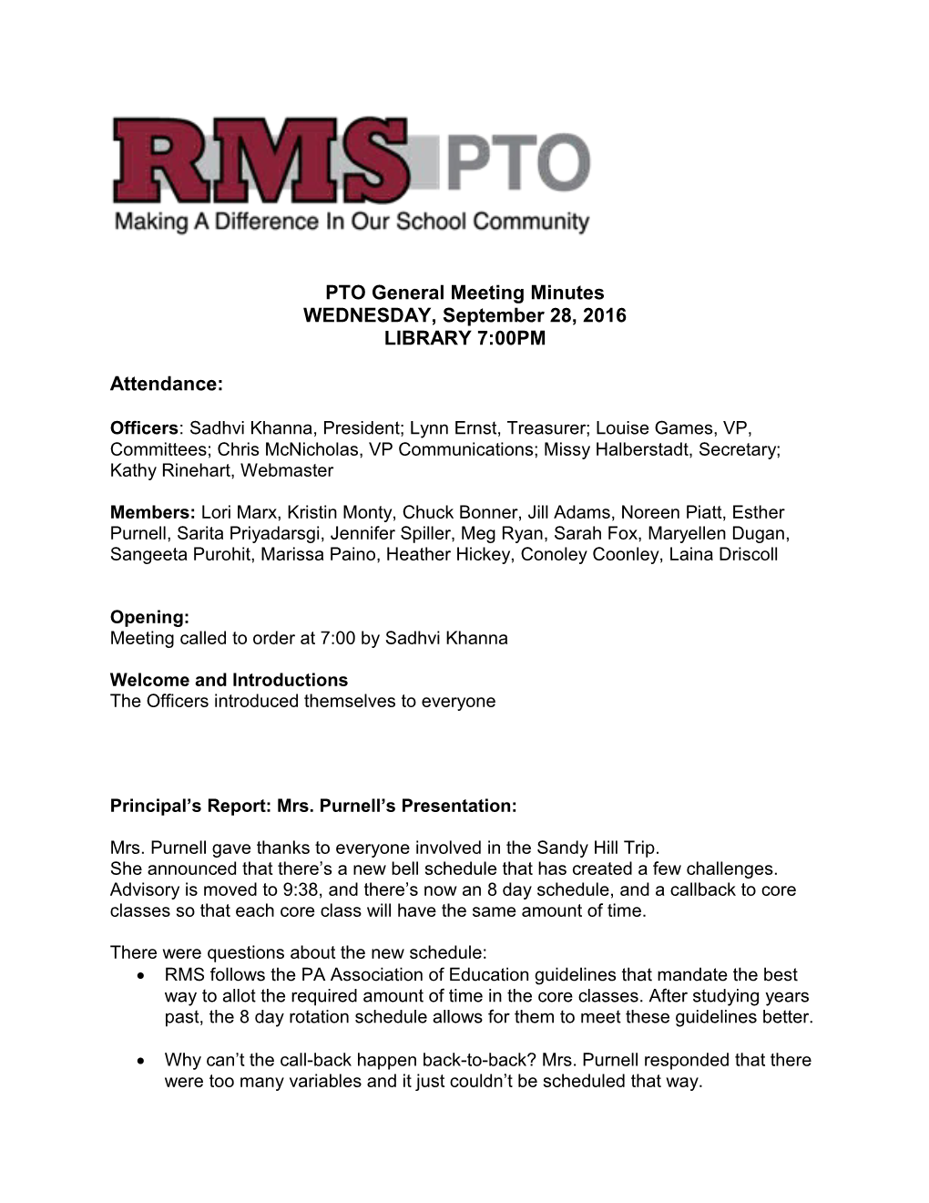 PTO General Meeting Minutes