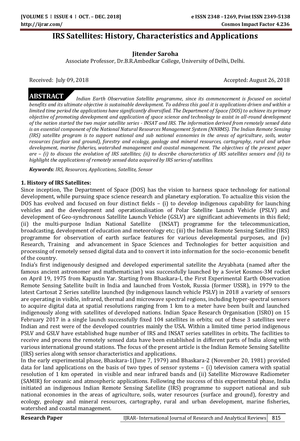 IRS Satellites: History, Characteristics and Applications