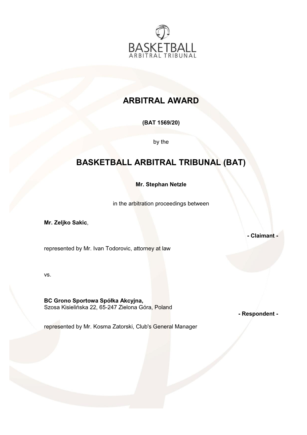 Arbitral Award Basketball Arbitral Tribunal (Bat)