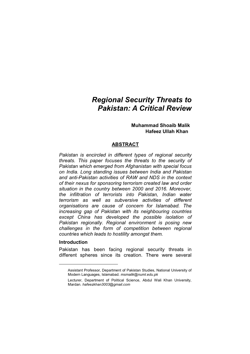 Regional Security Threats to Pakistan: a Critical Review