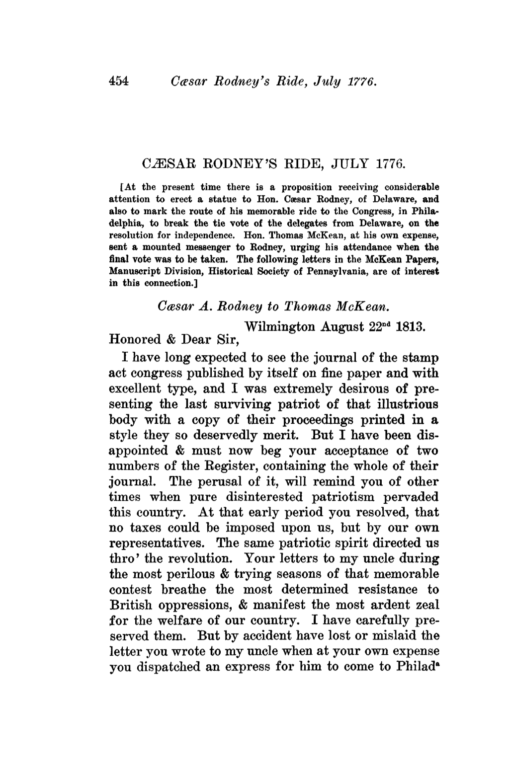 454 Ccesar Rodney's Ride, July 1776