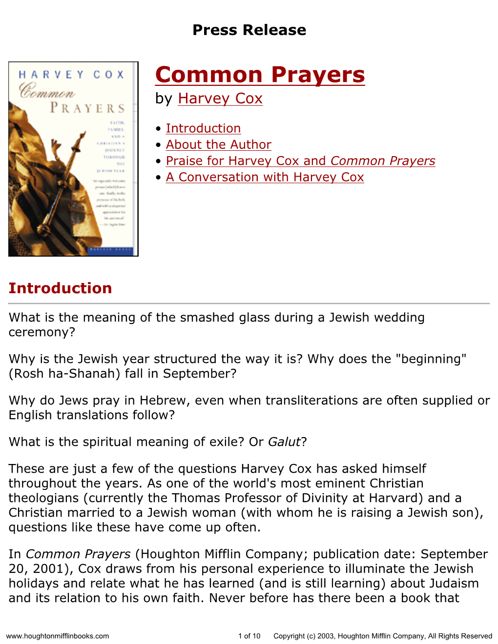 Press Release for Common Prayers Published by Houghton Mifflin