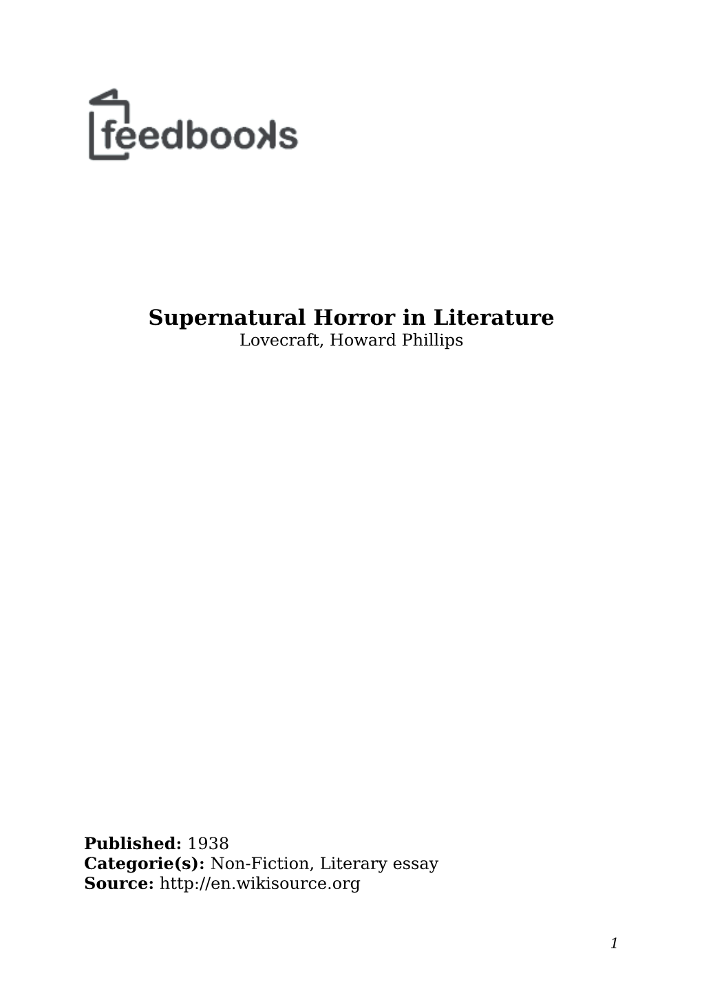 Supernatural Horror in Literature Lovecraft, Howard Phillips