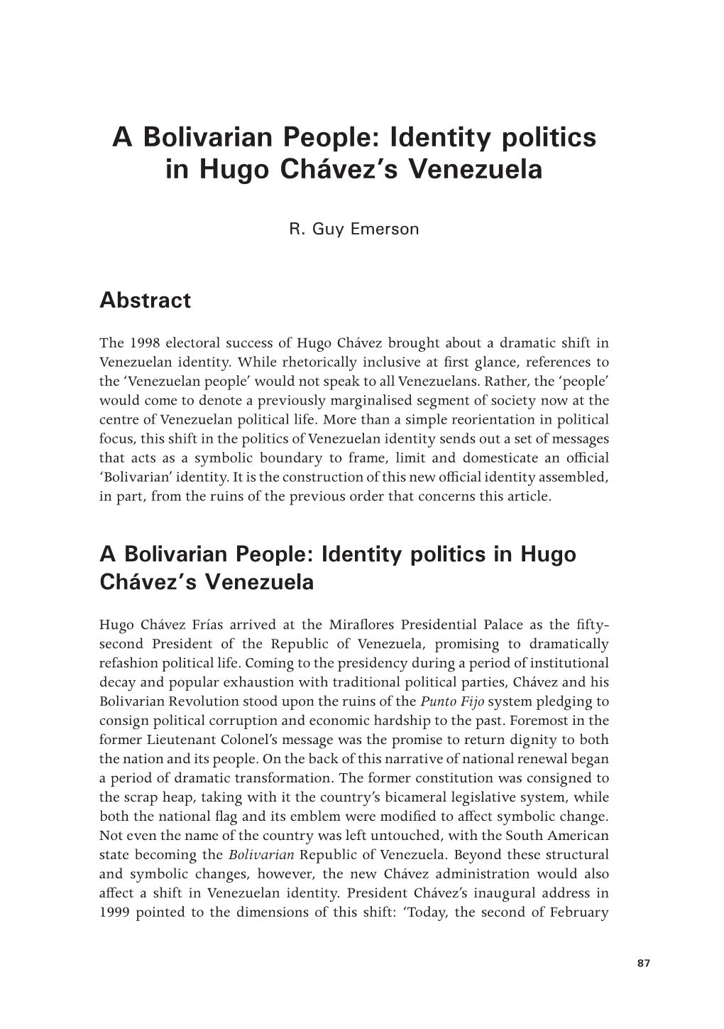 Identity Politics in Hugo Chávez's Venezuela