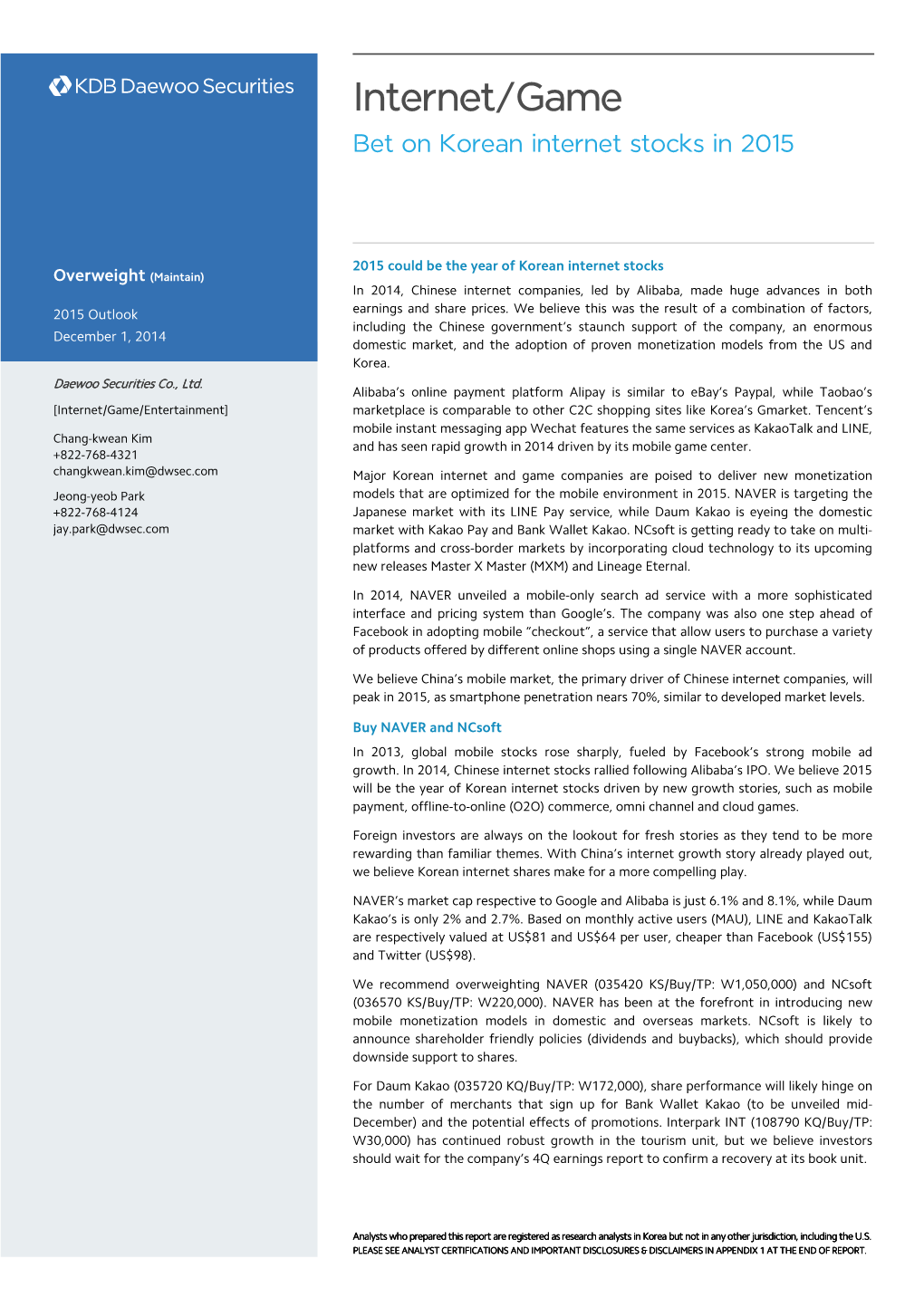 Internet/Game Bet on Korean Internet Stocks in 2015