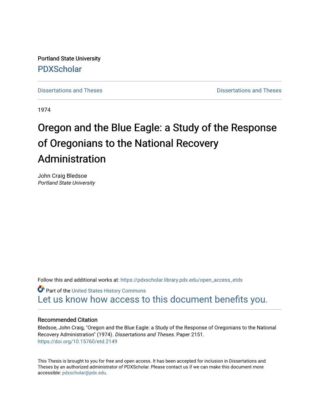 Oregon and the Blue Eagle: a Study of the Response of Oregonians to the National Recovery Administration