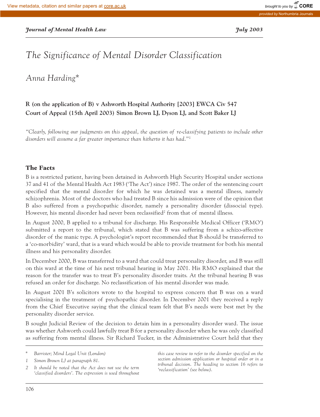 The Significance of Mental Disorder Classification