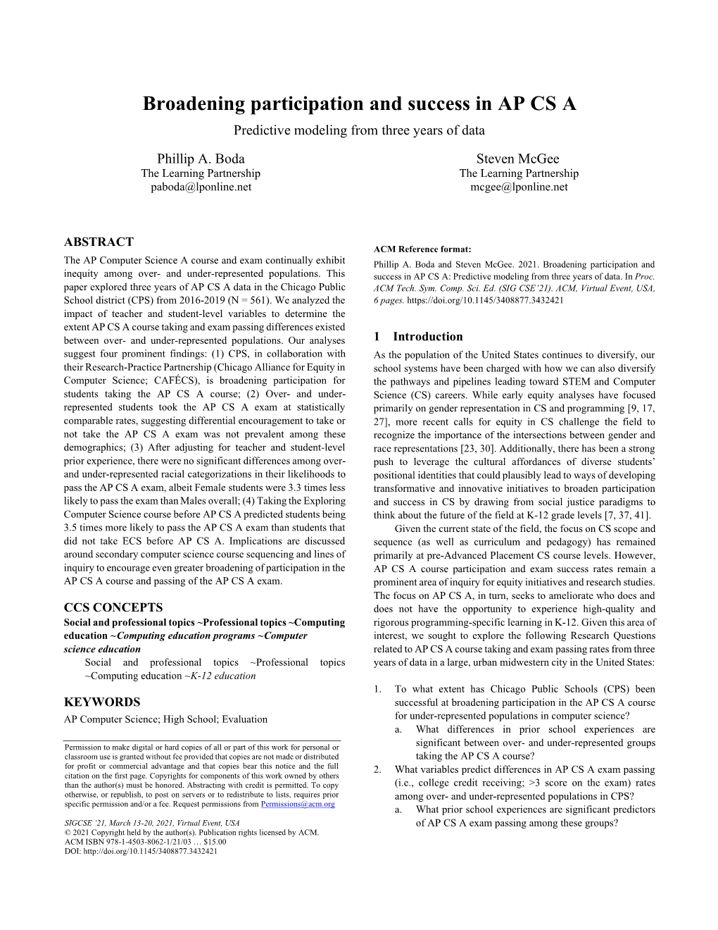 Broadening Participation and Success in AP CS a Predictive Modeling from Three Years of Data