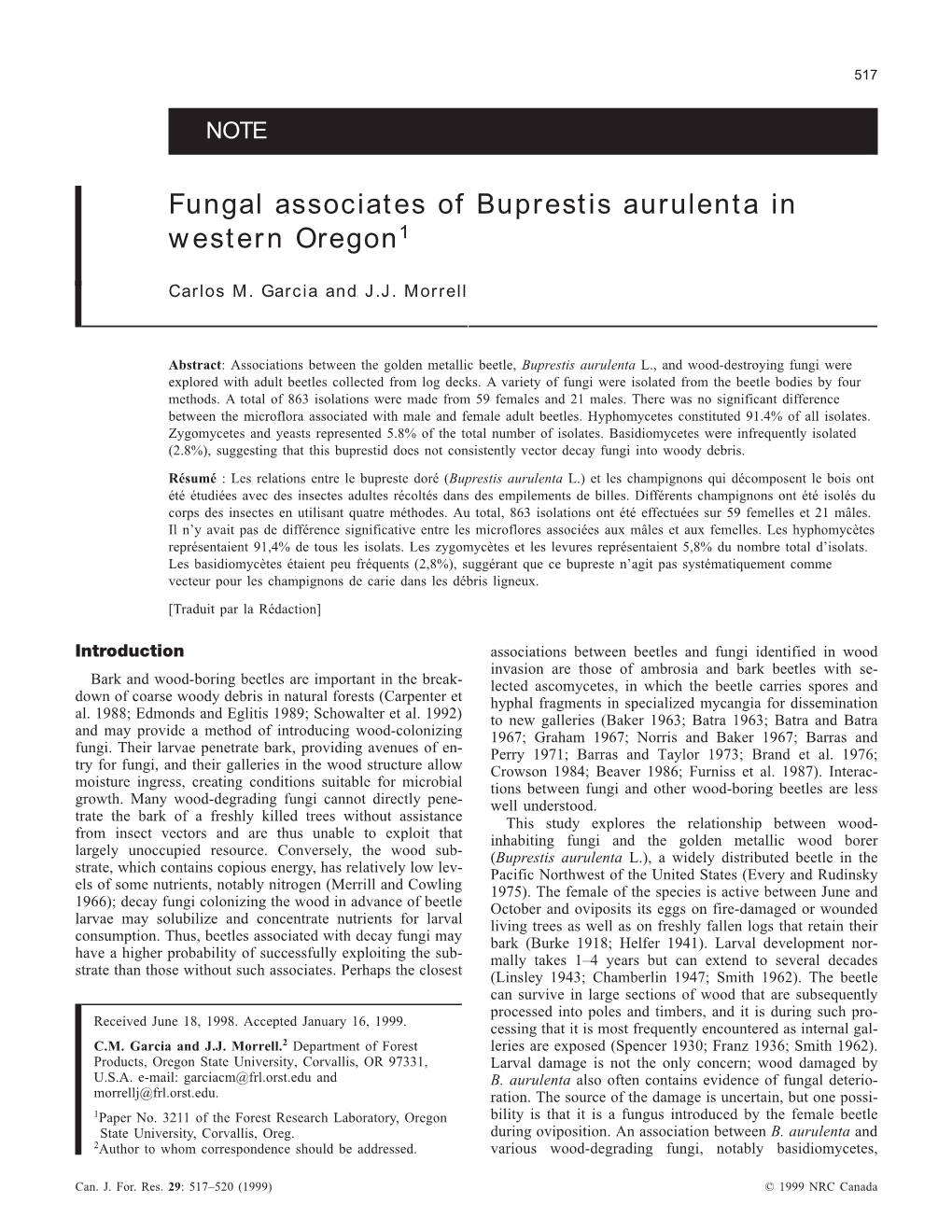 Fungal Associates of Buprestis Aurulenta in Western Oregon1