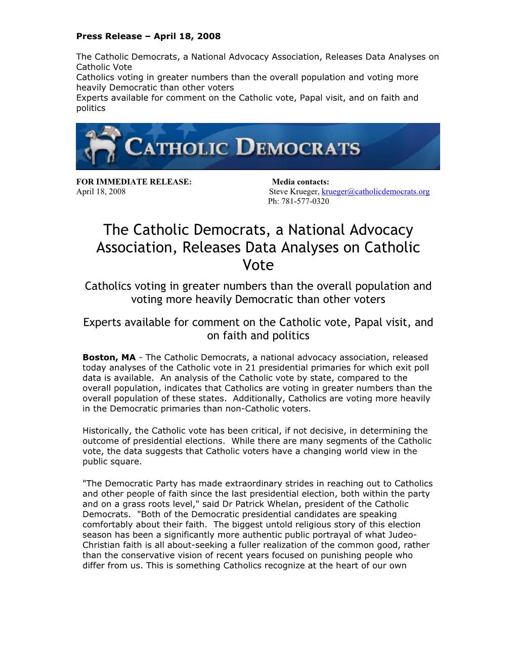 The Catholic Democrats, a National Advocacy Association, Releases