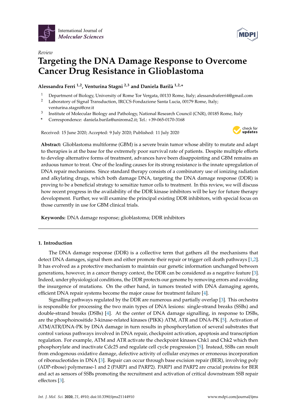Targeting the DNA Damage Response to Overcome Cancer Drug Resistance in Glioblastoma