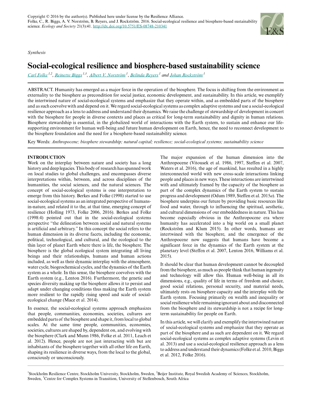 Social-Ecological Resilience and Biosphere-Based Sustainability Science