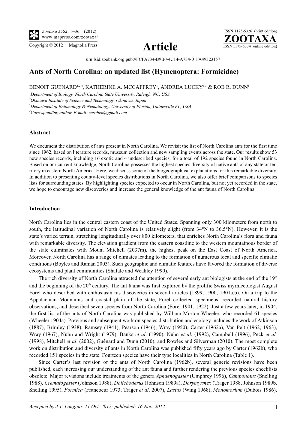 Ants of North Carolina: an Updated List (Hymenoptera: Formicidae)