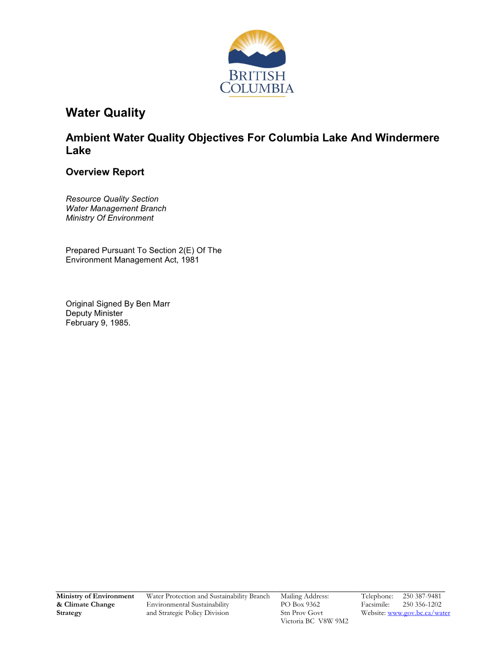 Ambient Water Quality Objectives for Columbia Lake and Windermere Lake