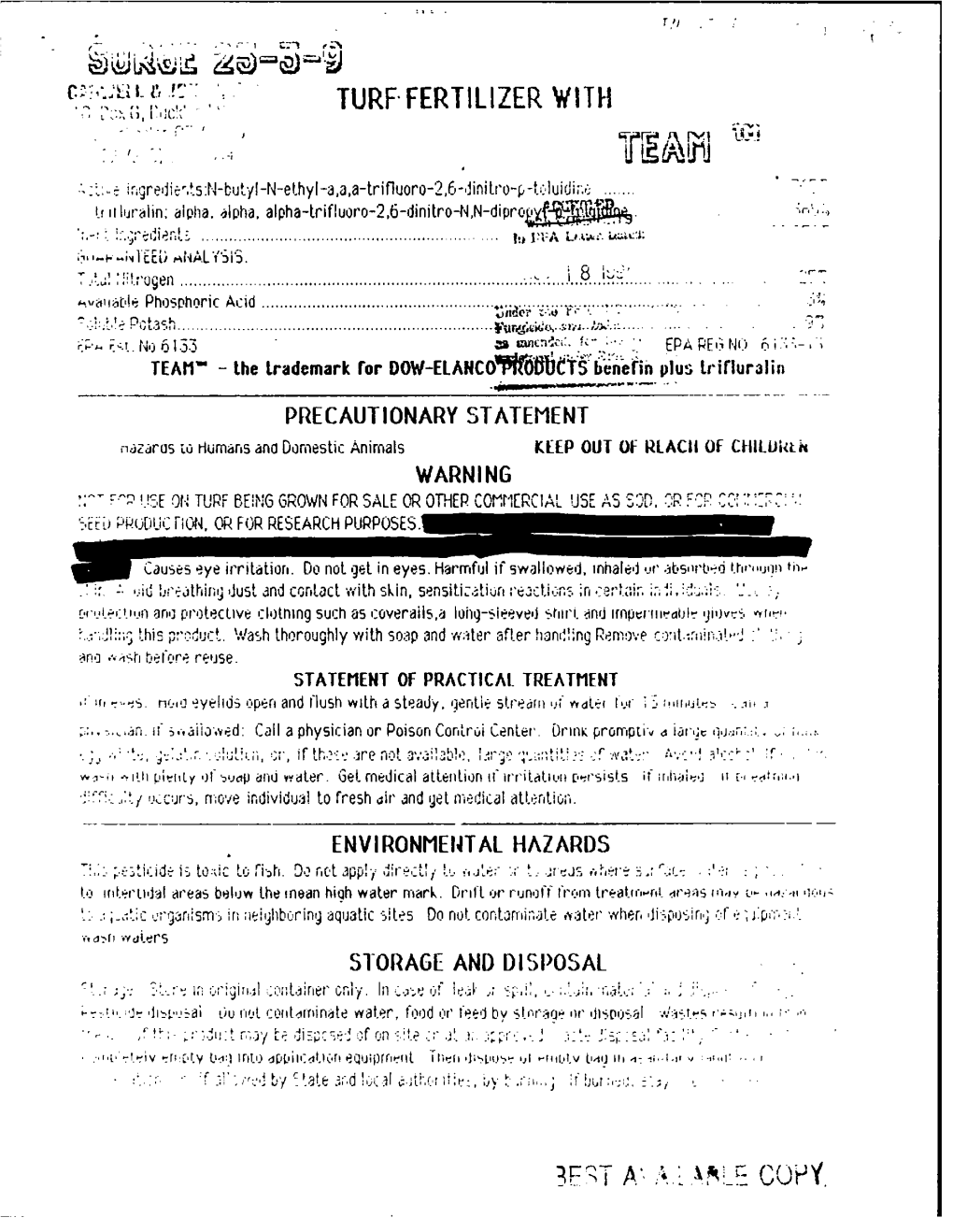 U.S. EPA, Pesticide Product Label, SURGE 25-3-9 TURF FERTILIZER