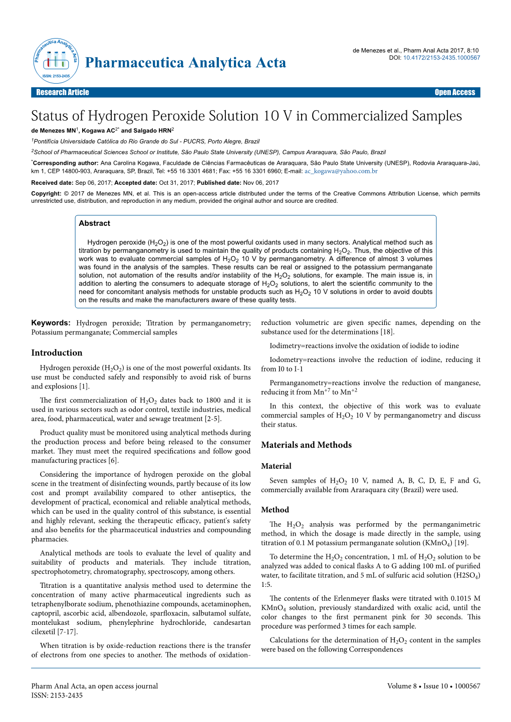 Status of Hydrogen Peroxide Solution 10 V in Commercialized Samples