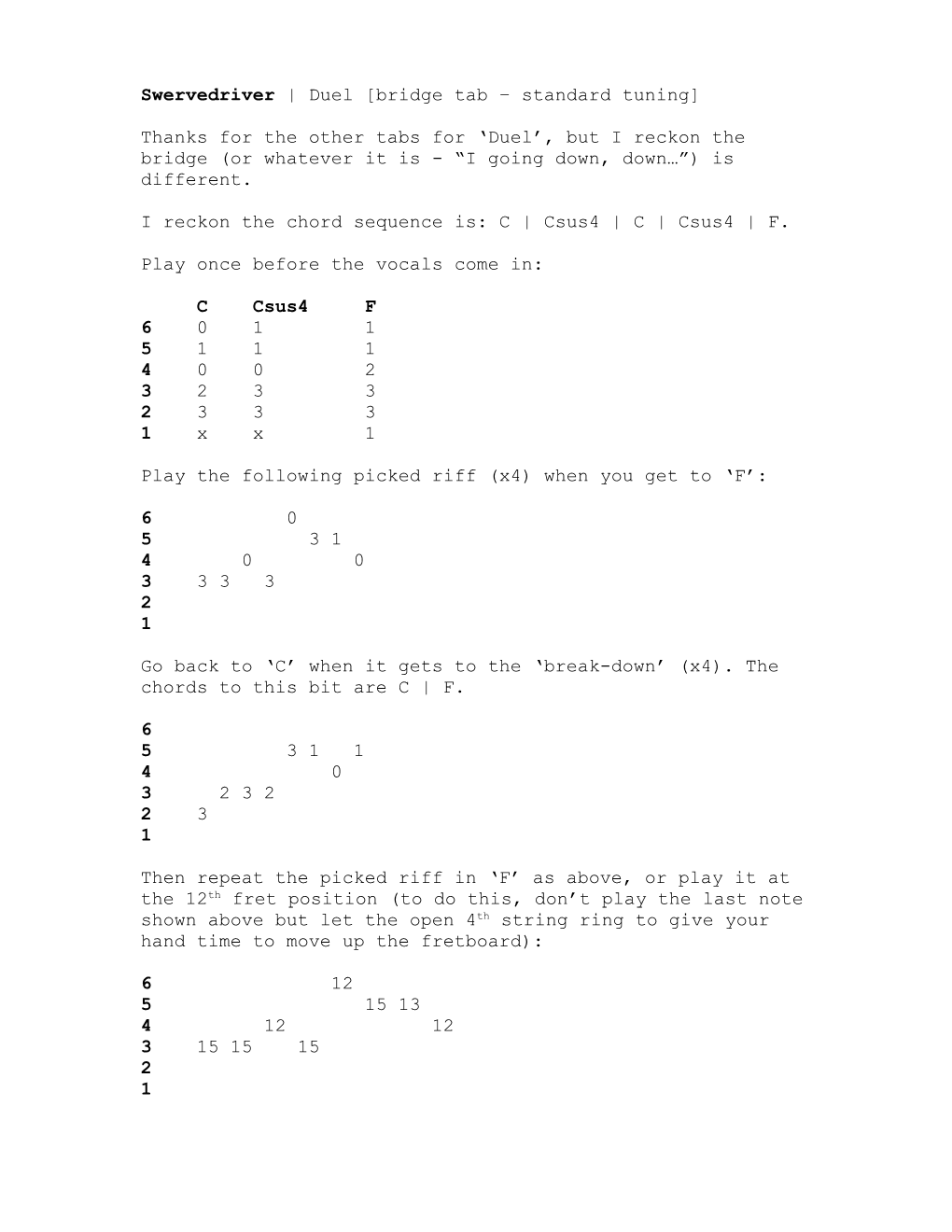 Swervedriver Duel Bridge Tab