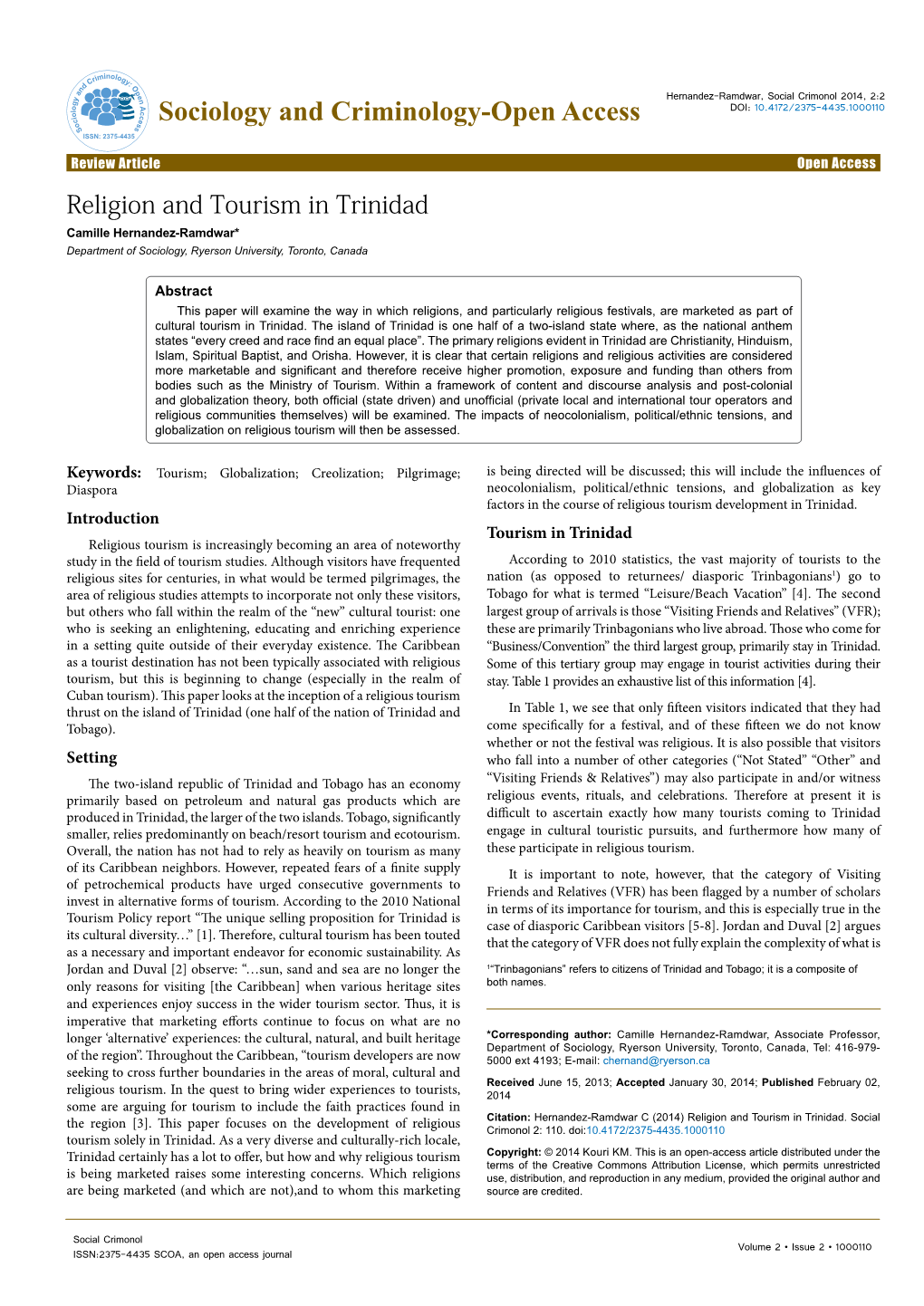 Religion and Tourism in Trinidad Camille Hernandez-Ramdwar* Department of Sociology, Ryerson University, Toronto, Canada