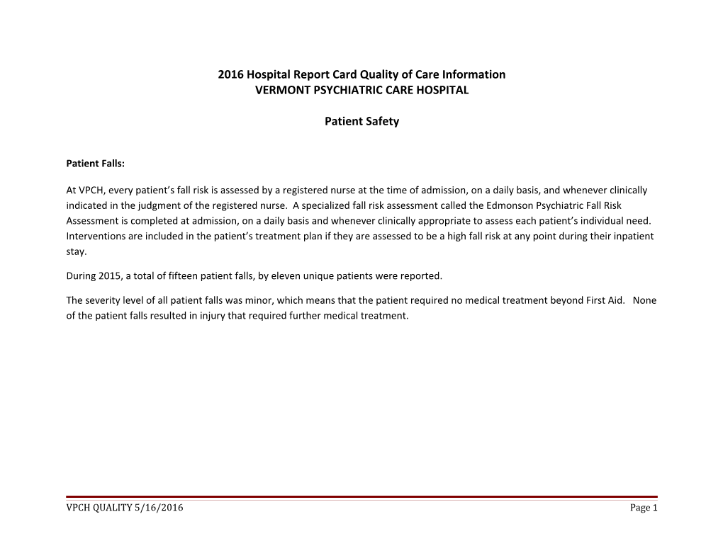 2016 Hospital Report Card Quality of Care Information