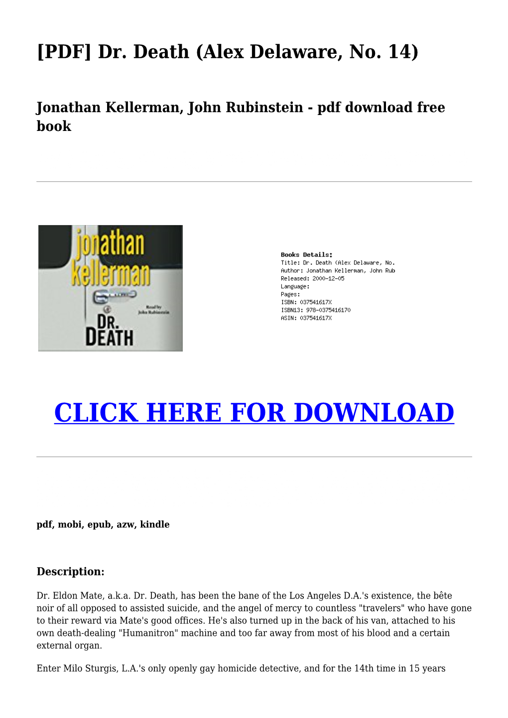 Dr. Death (Alex Delaware, No. 14) Jonathan Kellerman, John Rubinstein Ebook Download, PDF Dr
