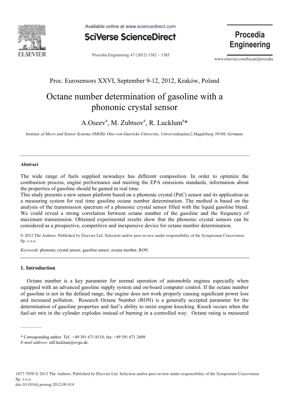 Octane Number Determination of Gasoline with a Phononic Crystal Sensor