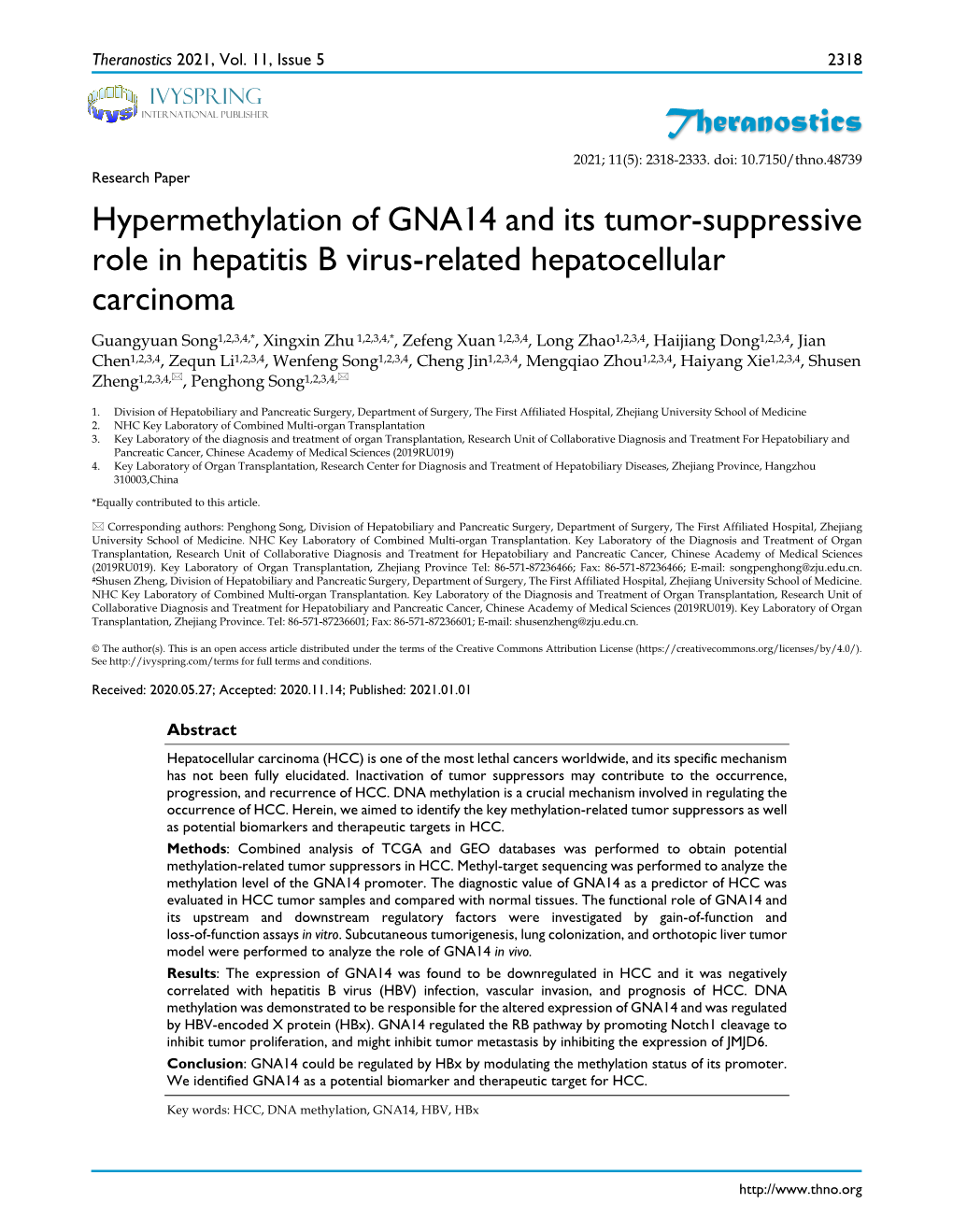 Theranostics Hypermethylation of GNA14 and Its Tumor-Suppressive