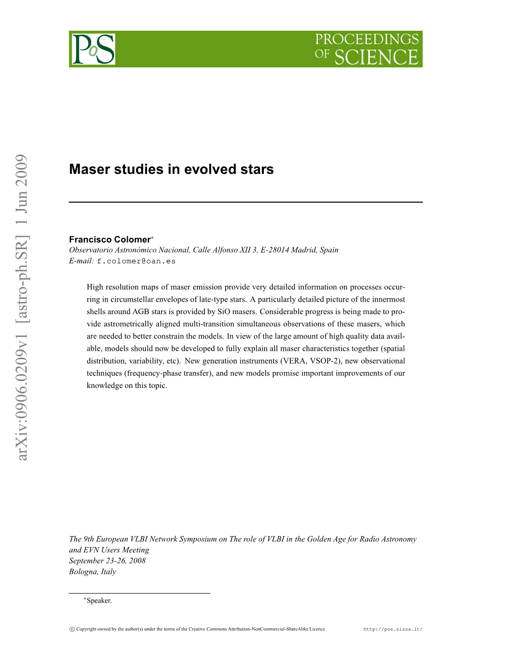 Maser Studies in Evolved Stars Francisco Colomer