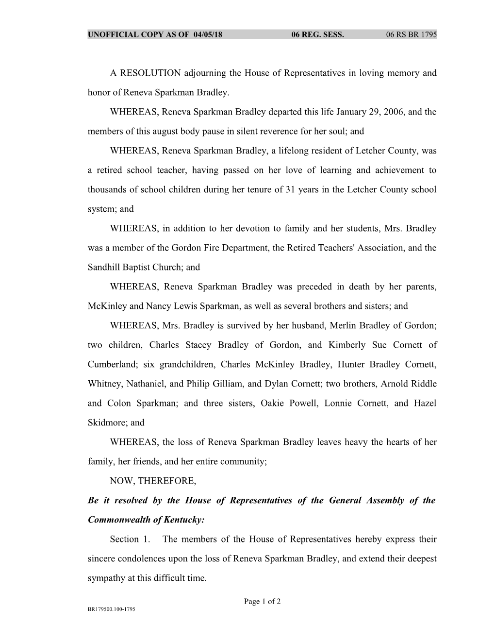 Unofficial Copy As of 01/30/06 06 Reg. Sess. 06 Rs Br 1795