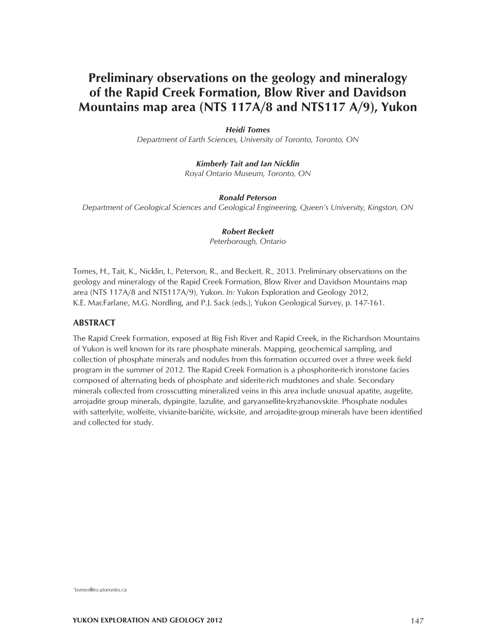 Preliminary Observations on the Geology and Mineralogy of the Rapid Creek Formation, Blow River and Davidson Mountains Map Area (NTS 117A/8 and NTS117 A/9), Yukon